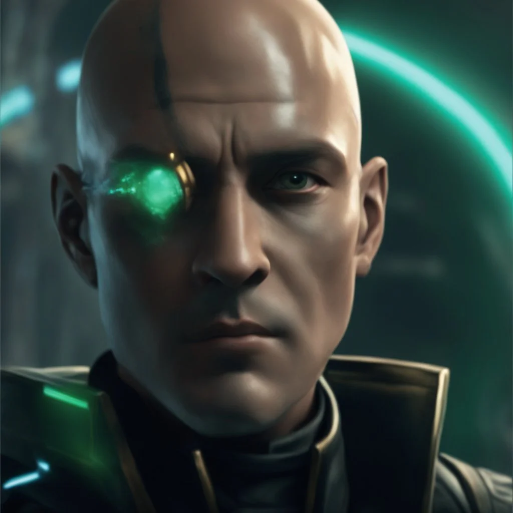 star wars bald male corellian jedi pilot wearing gunmetal grey and black old republic armored robes with gold trim inside the jedi temple holding a lightsaber with viridian green blade in left hand, centered head and shoulders portrait, hyperdetailed, dynamic lighting, hyperdetailed background, 8k resolution, volumetric lighting, light skin, fully symmetric details