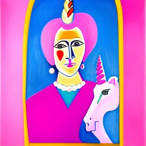 Retrato de una abuela muy guapa llamada Carmen Mozos Bugallo montando un unicornio rosa con el estilo de Pablo Picasso