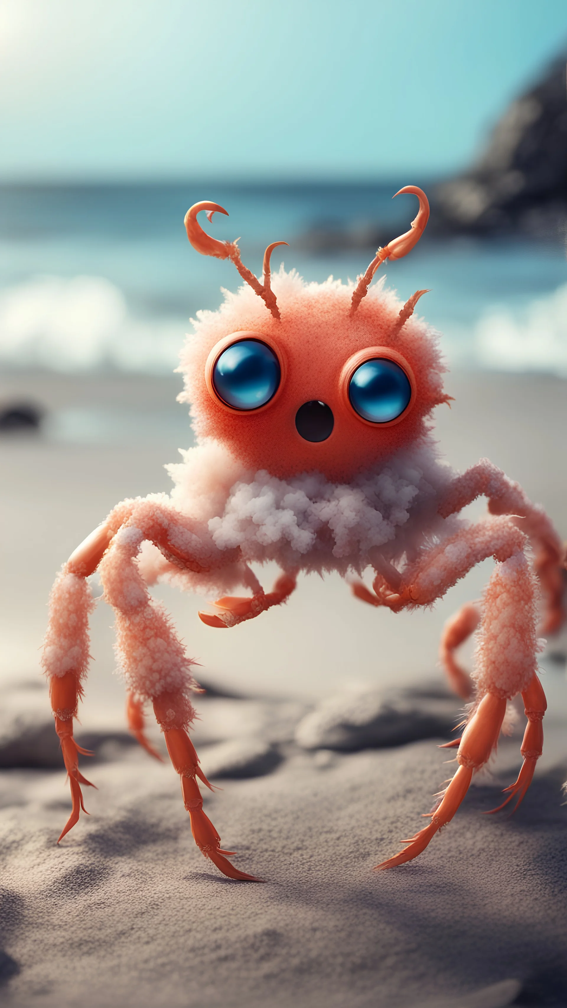 Fantasy Coastal Eyeless Creatures Oddly Turned Into Dangerous Viruses based on crabs with fluffy wings, funny legs, simple cute appearance, photo