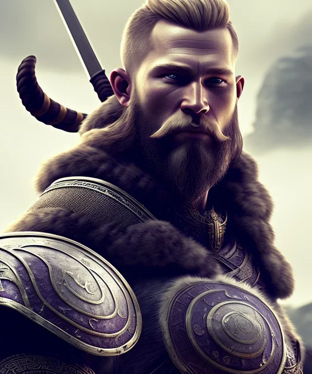 A strong and muscular viking portrait with metal face , purple and black colours, atmospheric, realistic, unreal engine, cinematic lighting, octane render, 8k.