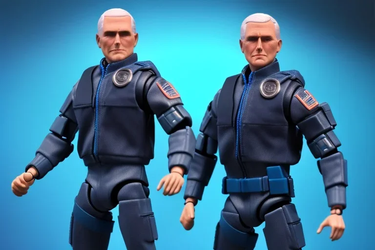 Box of Mike pence g.i. joe toy figure With a Laser gun space force Blue fabric uniform, fluorescent orange, whole body wide view, black boots full body packaging