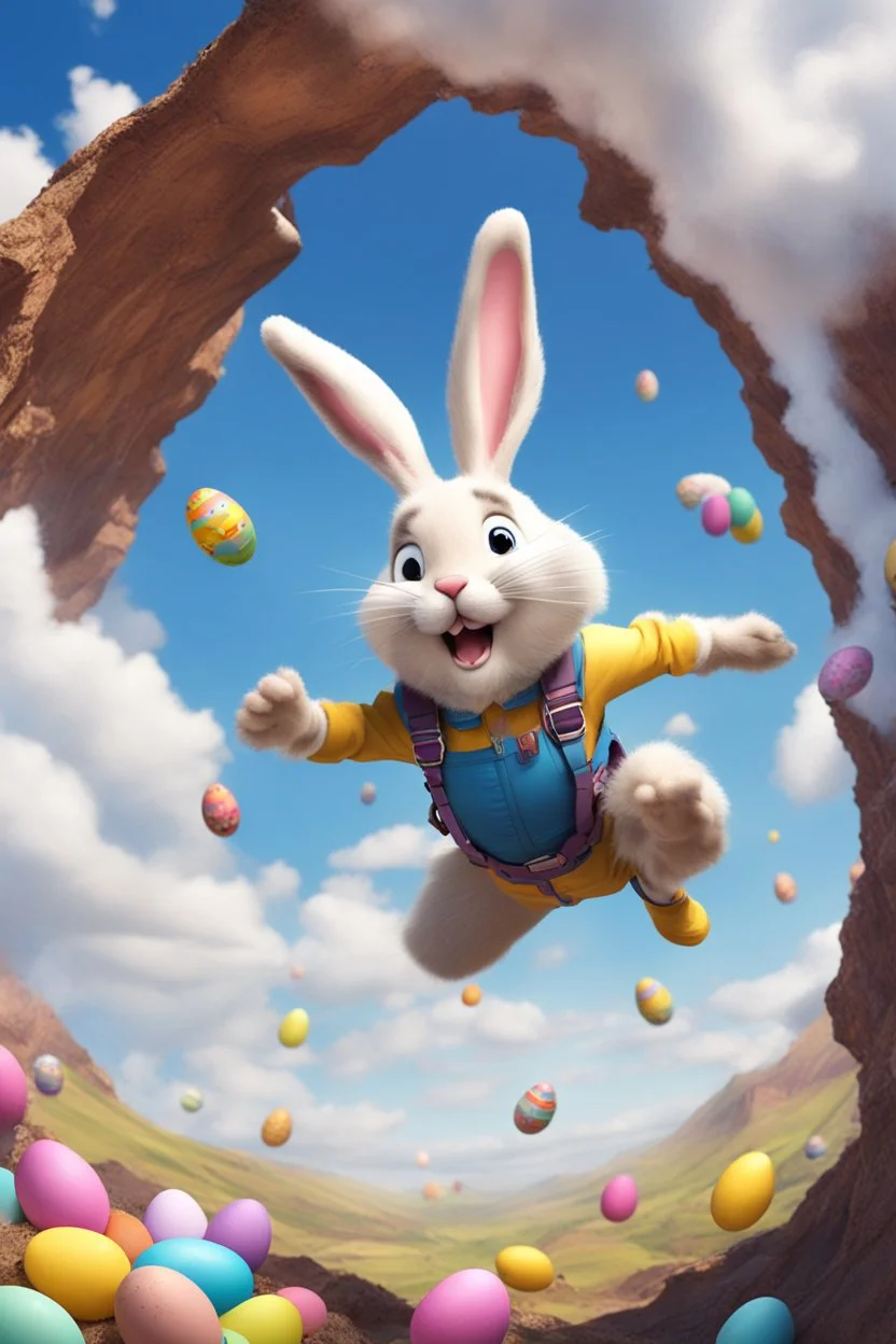 Easter bunny falling from the skye in to a pit animated like he is skydiving