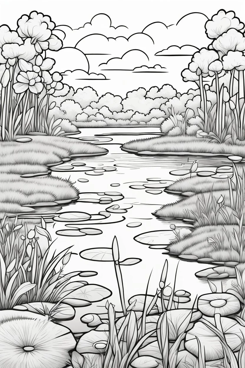 coloring page, pond in the field, cartoon style, thick lines, low detail, no shading