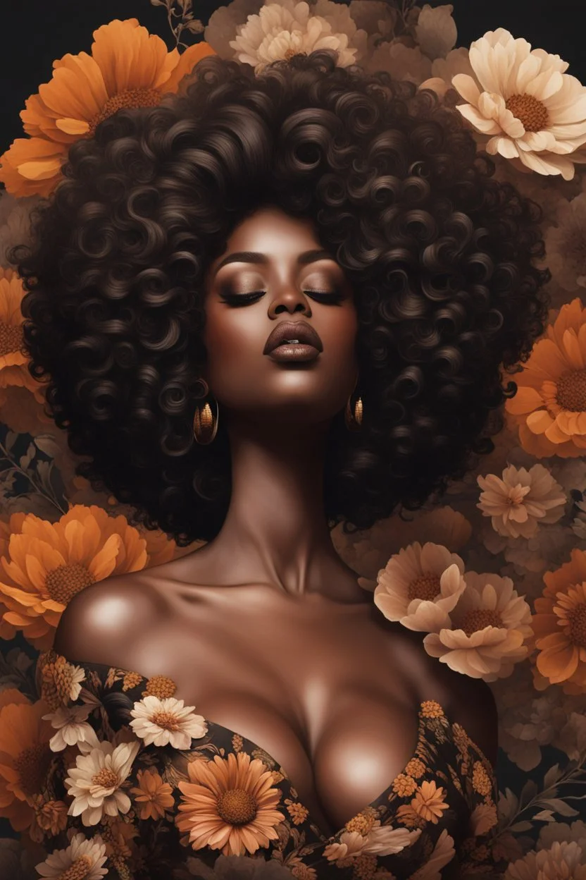 Create a aexpressionism art image of a curvy black female wearing a brown off the shoulder blouse, and she is looking down with Prominent makeup. Highly detailed tightly curly black afro. Background of large brown and black flowers surrounding her