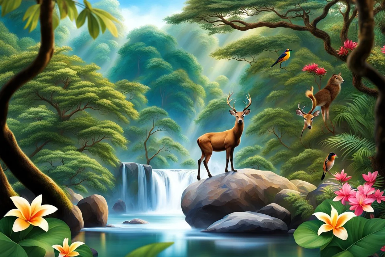 Create a realistic picture of a jungle with vibrant flowers and towering trees. Include beautiful animals like colorful birds, playful monkeys, and graceful deer. Add a winding river with crystal-clear, wavy water flowing gently over smooth rocks on the riverbed and a very beautiful girl standing in river. Let the sunlight filter through the canopy, casting a warm glow on this serene and enchanting landscape.