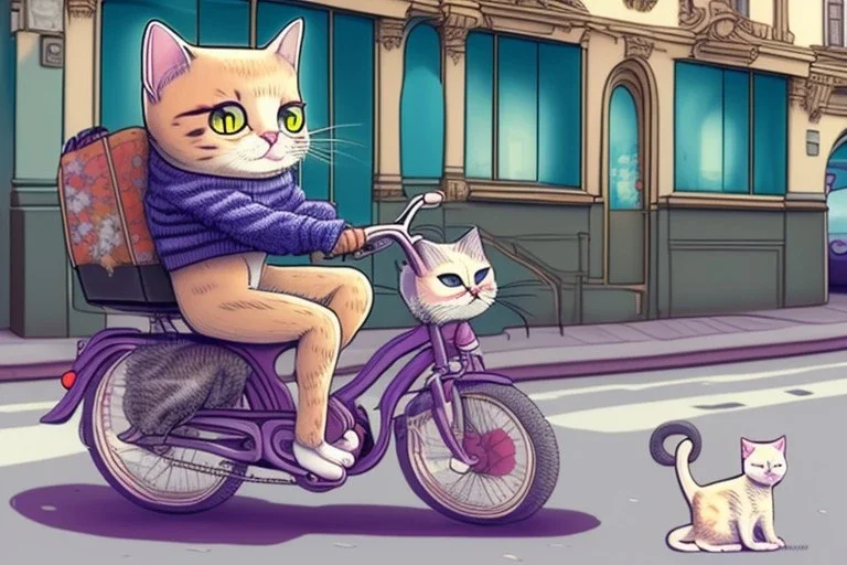 One single cat wearing jeans and sweater, riding on a bike in Vienna, perfect iris, manga style, cute