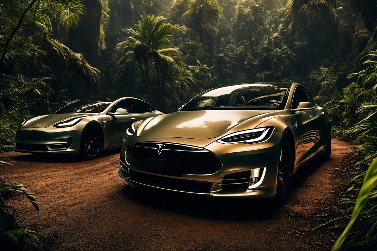 A Tesla's 'Model S Plaid' is racing at top speed, across the 'Jurassic Park' jungle. CINEMATIC. WIDE ANGLE LENS. PHOTO REAL.