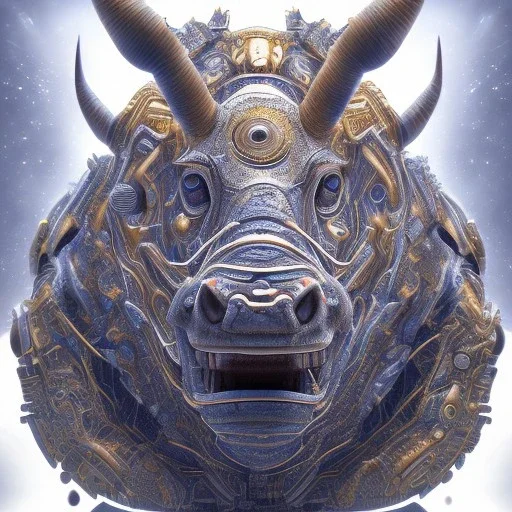 ù photo realistic, symetrical, centered, ultra detailed, digital art, in center is a portrait of highly detailed profile of head cyborg rhino , eyes filled with galaxy, dominating colors = gray light blue and dark gold, lightning, smoke,