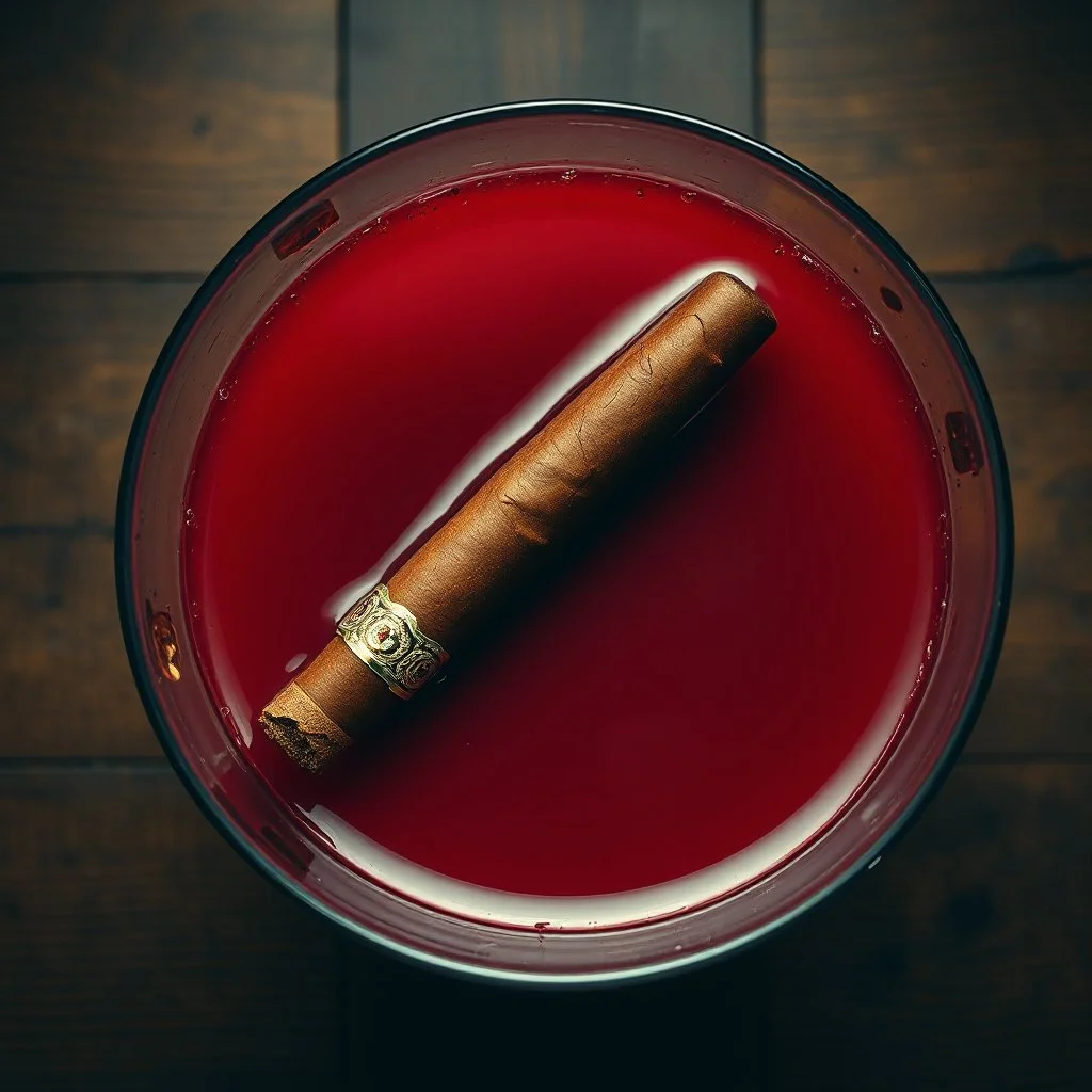 grainy photography, top-down perspective, large punchbowl full of red punch on a wooden table with a chewed brown cigar floating in the bowl, gritty, hyperreal image