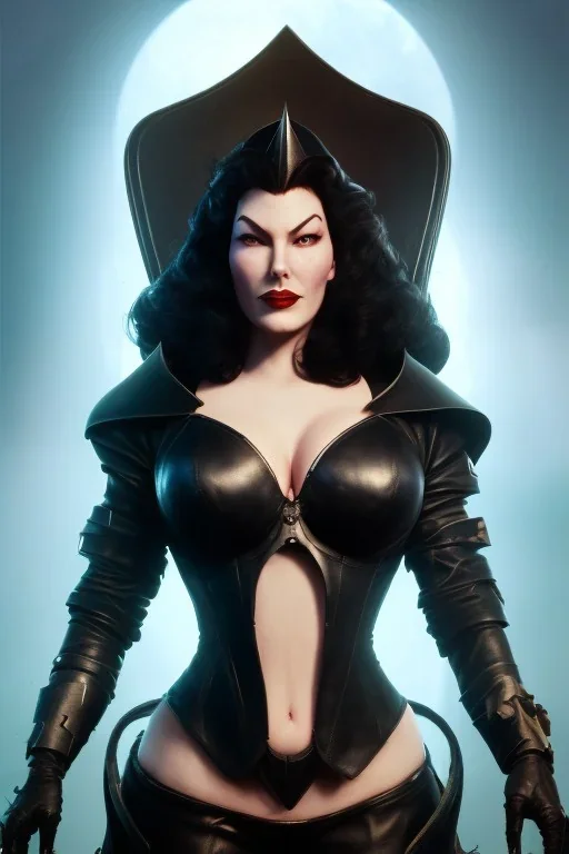 Ava Gardner as evil queen in black leather, busty, cleavage, curvy, angry, stern look. character design by cory loftis, fenghua zhong, ryohei hase, ismail inceoglu and ruan jia. unreal engine 5, artistic lighting, highly detailed, photorealistic, fantasy