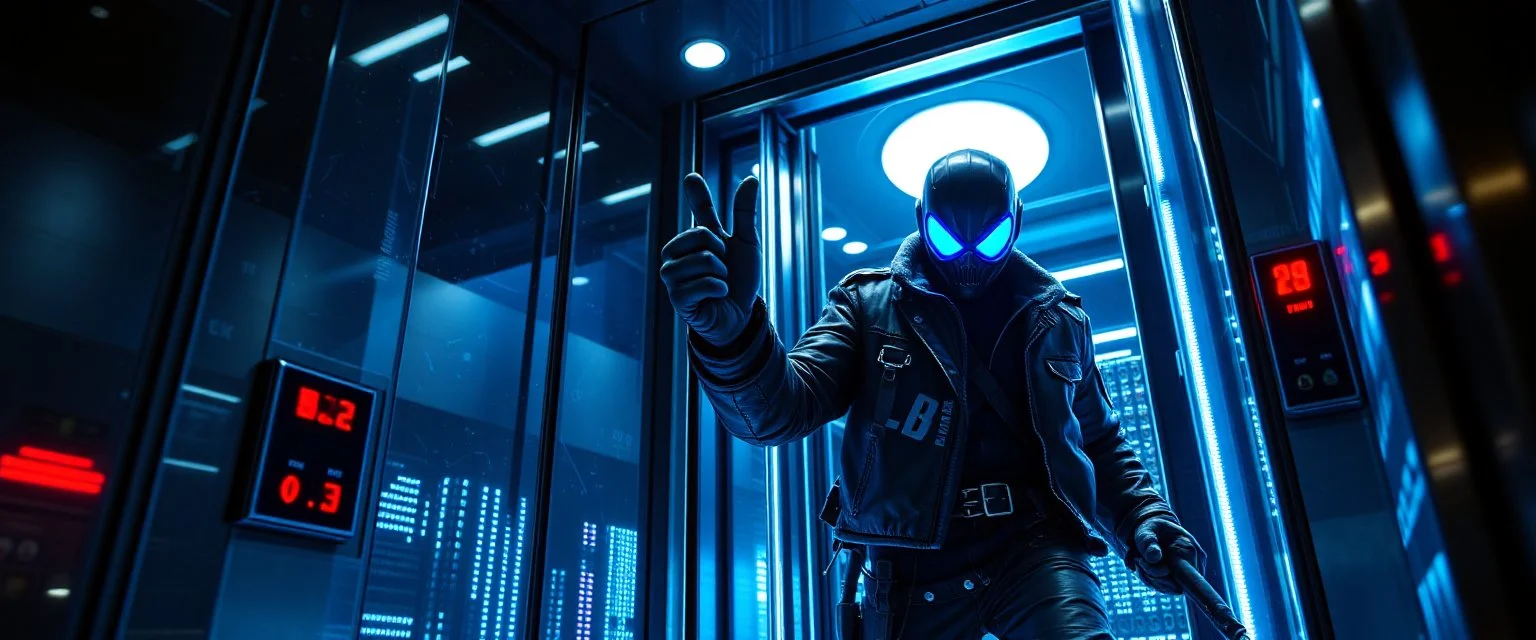 frankie picks up and carries rasta bad ass criminal cyberpunk bard into hi tech glass elevator, he give a thumbs up with blue glowes