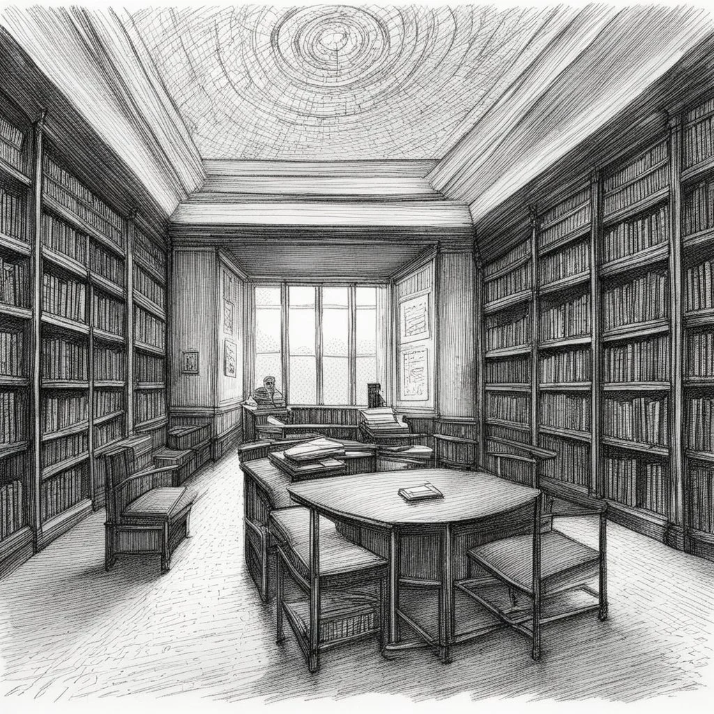 [a pen sketch with a lot of strokes in stippling] a man in a library surrounded by