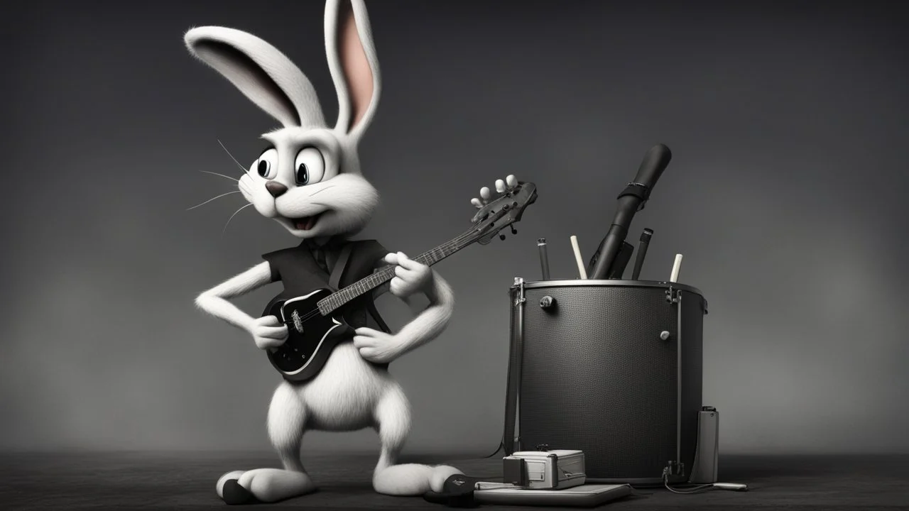 photorealistic deppressed dark melancholic sad Bugs bunny with blackeye deppressed doing music rock and roll dark heavy metal on a scene alcoholic, ciggaretes ciggaretes sad sad sad sad ciggarets