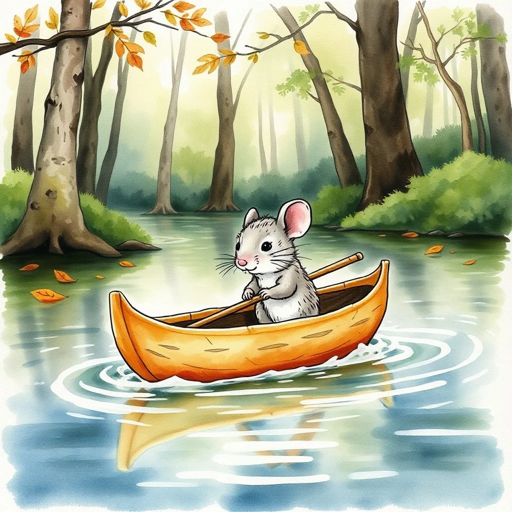 Watercolor and ink painting of a cute mouse in a canoe made of oak leaves floating down a placid river in the woods, quaint, stunning, masterpiece, whimsical