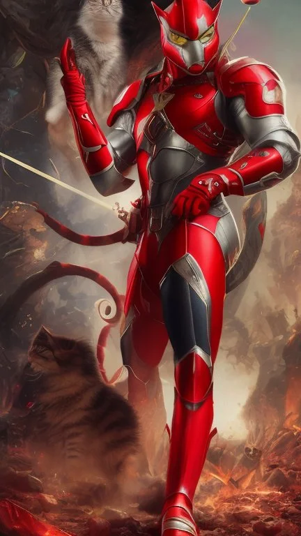 Iconic Cat-Man, red and silver, ultra-detailed armor, cat with eye mask, dynamic shot, richly saturated colors, full height, arms, legs, footwear, cinematic backlighting, hyper-realism, unparalleled detail, 8K, concept art, intricate textures , timeless masterpiece, enhanced AI, GAN, depth of field, neural network,