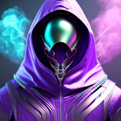 purple galaxy masked hooded super villain, futuristic, teal and purple smoke, full portrait, hyper realistic, 4k