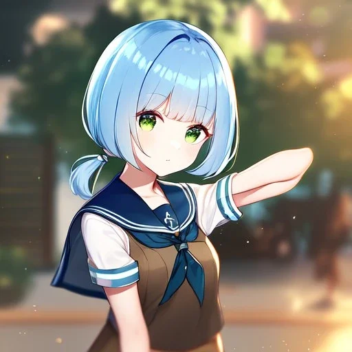 Clear focus, High resolution, short light blue hair, low twintails behind head, ribbion on twintail, straight long locks, green eyes, wearing a sailor uniform, wearing a sailor skirt, wearing a brown vest, cute, 1girl, chopped bangs, bob cut