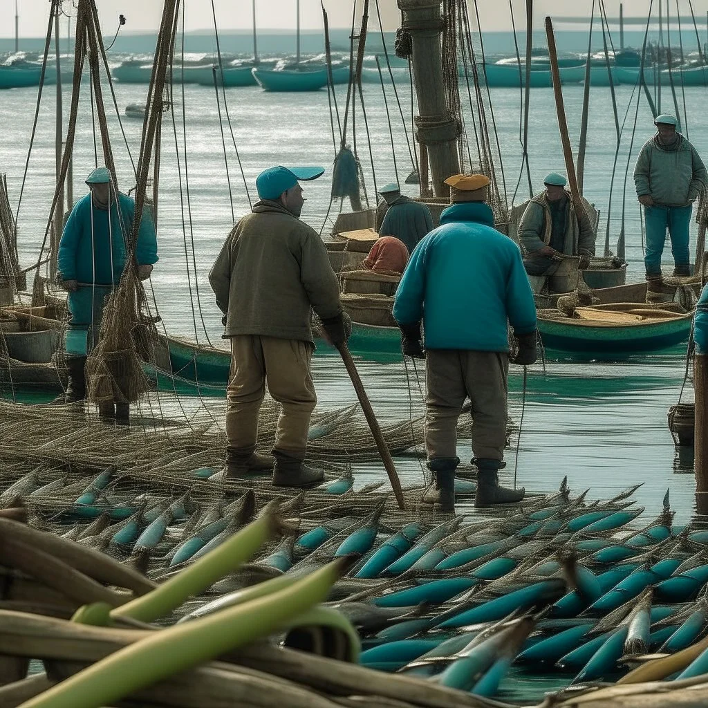 Fishermen hold their rods in a large port