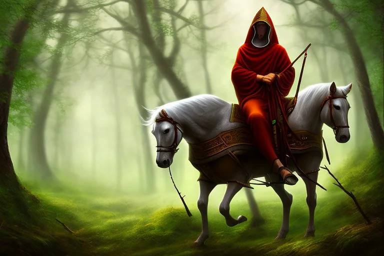 hooded monk on horseback in the forest