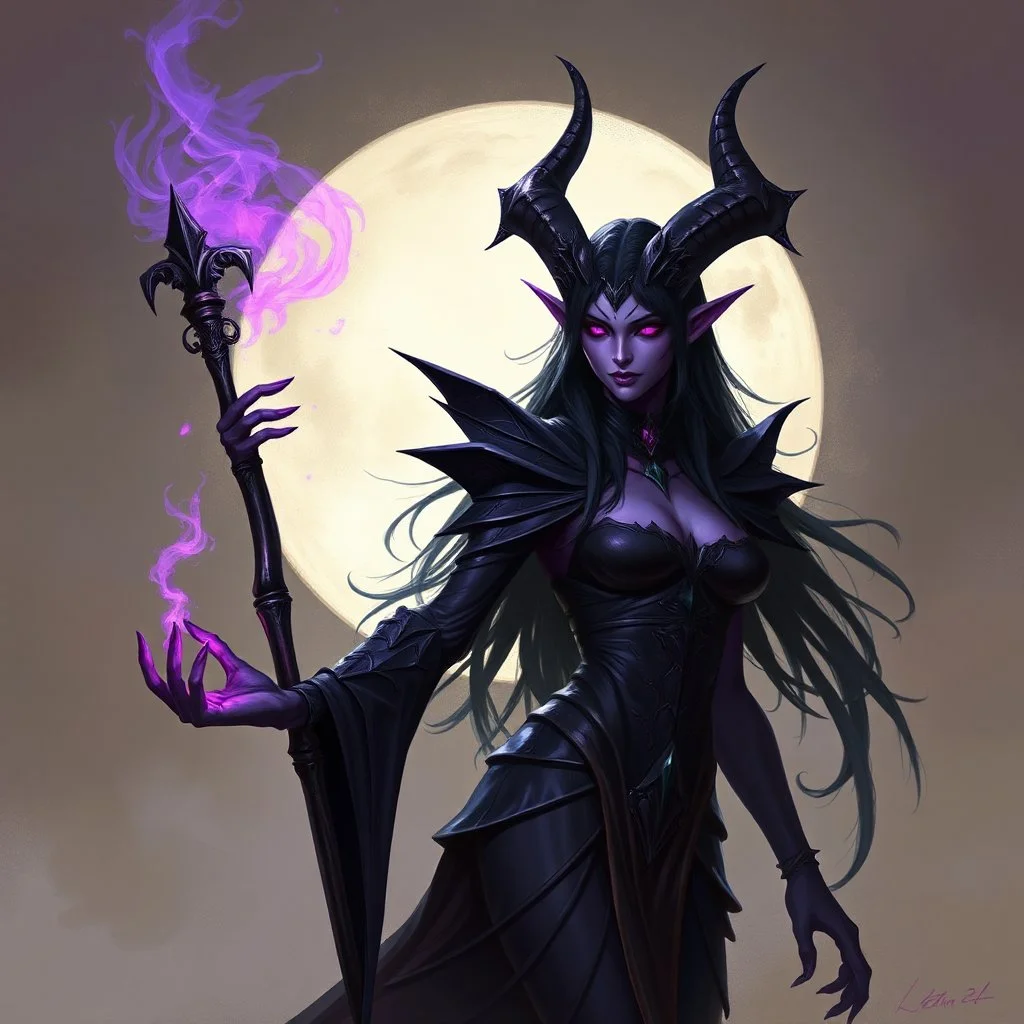 drow elf woman, sorceress, enchantress, dark hair, purple skin, demonic, digital art, dark fantasy, realism, stylised