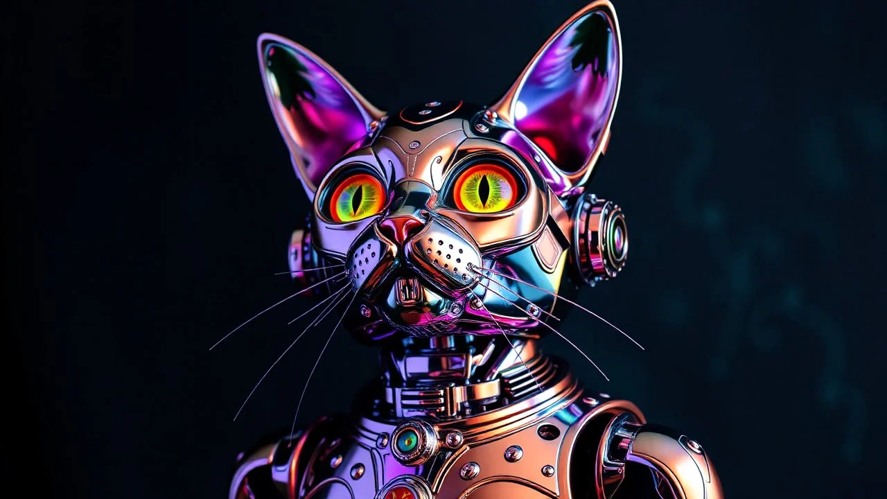 psycodelic acid trip metallic robot cat