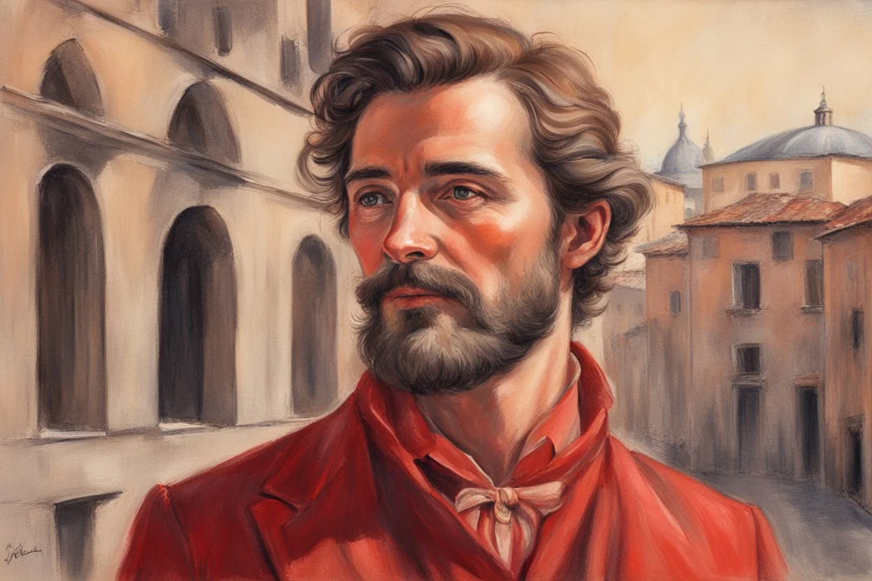 elegant handsome brown haired bearded man in firenze in red costume in sunshine, shading pastel and charcoal