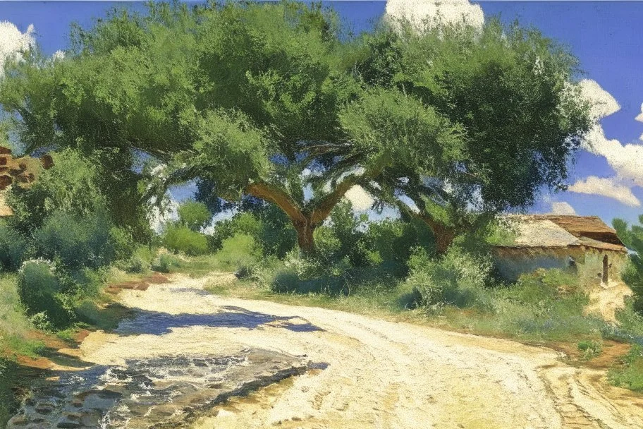 sunny day, clouds, rocks, trees, mountains, countryside, dirt road, adobe old house, gustave caillebotte and pieter franciscus dierckx impressionism paintings