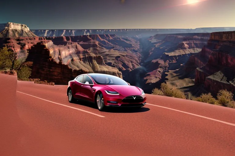 A Tesla 'Model S' is going at a high speed, in the 'Grand Canyon National Park'. (CINEMATIC, WIDE ANGLE LENS, PHOTO REAL)