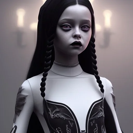 Jenna ortega black dress,soft goth libstick, wednesday addams family make up, long hair, brad double wig, addams family style, highly detailed, volumetric lighting, unreal engine, 8k