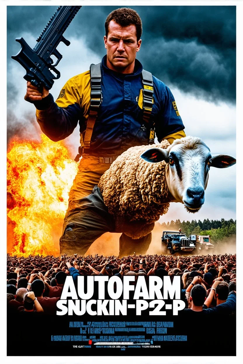 "Create a 90s-style action movie poster titled 'AUTOfarm. Include the (subtitle 'BMI - Suckin-p-p' prominently) Feature a heroic mechanic battling thousands of people with a spanner, and in the background, show a sheep holding a machine gun. The scene should be intense and dynamic, capturing the high-energy and gritty aesthetic of classic 90s action films.