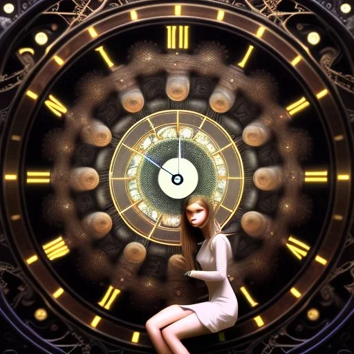 a girl going inside a big clock portal, a clock as a time travel machine, glowing, luminescent, realistic, intricately detailed, meticulously detailed