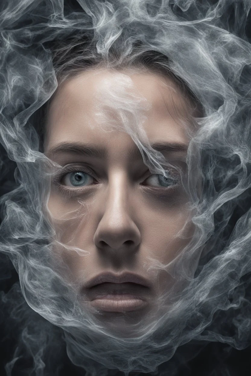 A realistic , 8k high quality image of a person's face from above, face is covered with a plastic, can't breath, suffocating with the face showing like vacuumed under the plastic, eyes open and looking in fear, metaphorically depicting the suffocating grip of anxiety, gothic and dramatic, chaos80 , with debree flying around, abstract