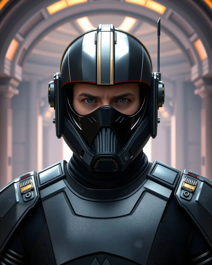 star wars bald male corellian pilot wearing pearlescent black and gunmetal grey First Order special forces heavy assault armor and helmet with gold and metallic red trim inside the jedi temple, centered portrait, hyperdetailed, dynamic lighting, hyperdetailed background, 8k resolution, volumetric lighting, light skin, fully symmetric details