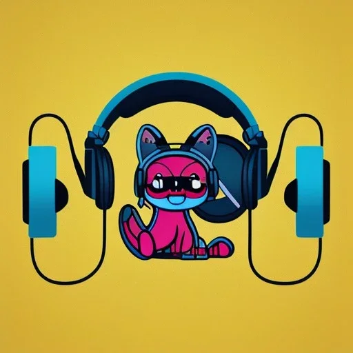 die cut sticker of cute cyber animal with headphones, 2D, flat illustration by bryen frost, cyberpunk, minimal, vector style