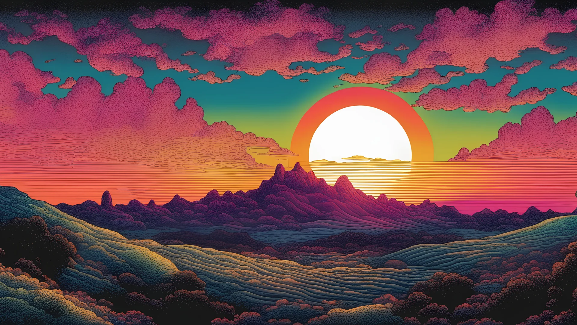 sunset, comic style, mythical 80s landscape, negative space, space quixotic dreams, temporal hallucination, psychedelic, mystical, intricate details, very bright neon colors and deepblack, 4K desktop, pointillism, very high contrast, chiaroscuro