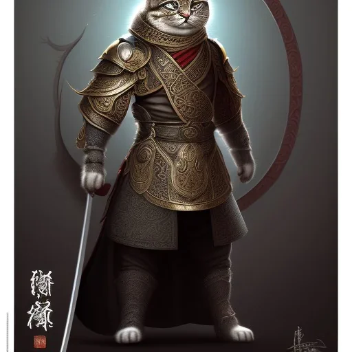 Character design, anthropomorphic cat dressed as a Shaolin, dark, evil, furious, epic, intricate details, finely detailed armor, silver, golden