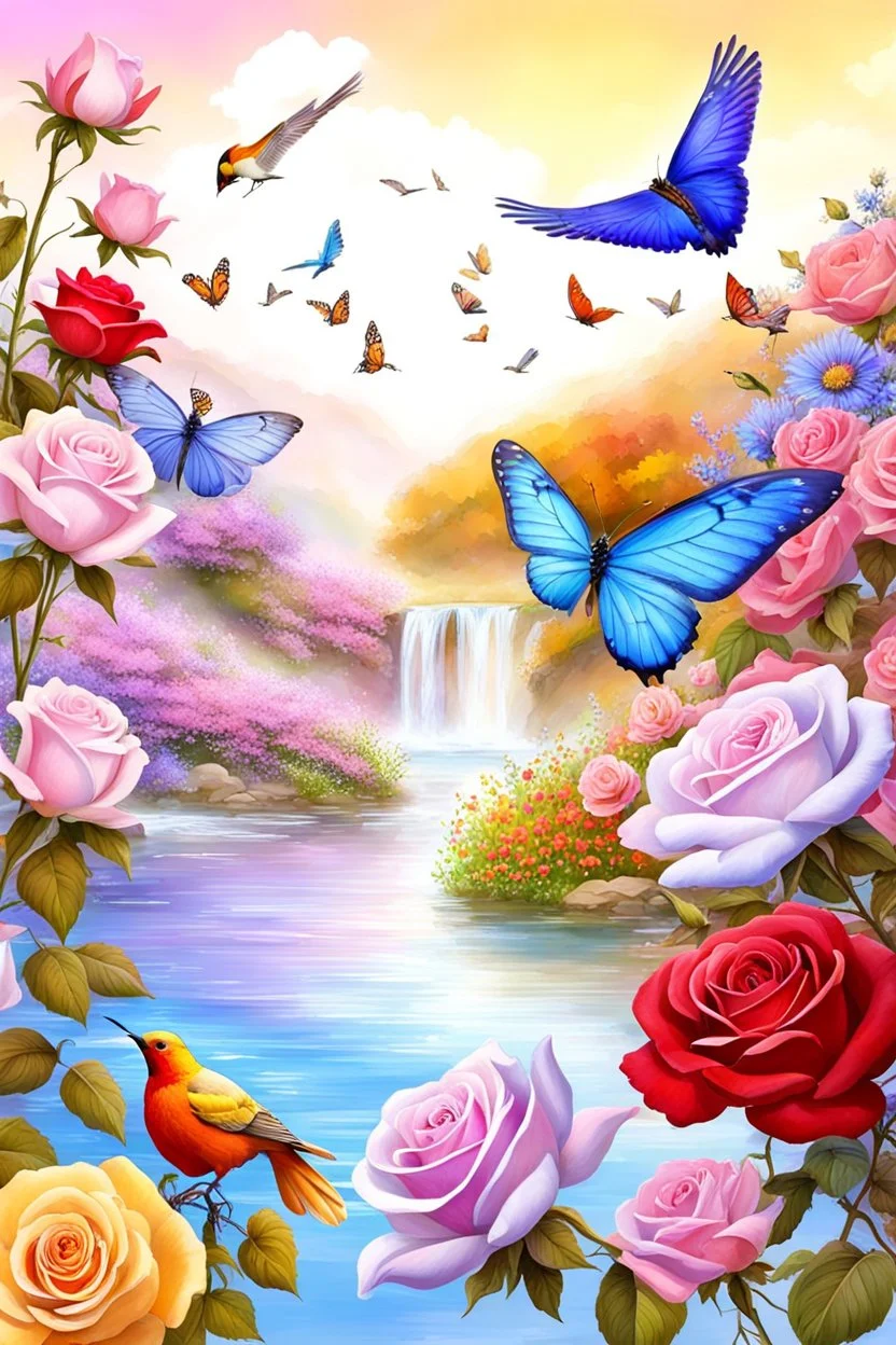 Trés belles roses, rainbows, beautiful colors gardens , flowers, cascades,Birds, butterfly