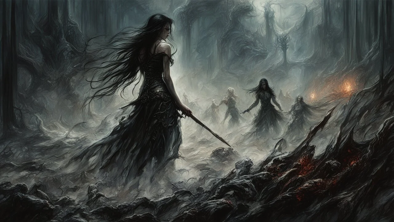 Dark fantasy world, girl, battle, mist, battlefield, Lovecraft's Monster in the background, dark colors, Luis Royo & Raymond Swanland & Alyssa Monks & Anna Razumovskaya