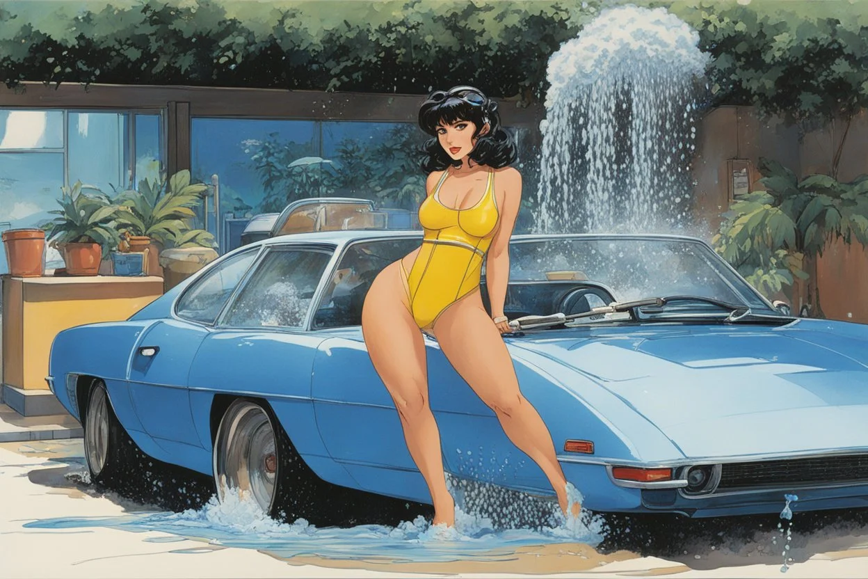 (in the style of Orion, by Masamune Shirow) a woman in swimsuit washing one sport car in california "Carwash" (The Dick Emery Hour, 1980) The garden hose is coiled up.
