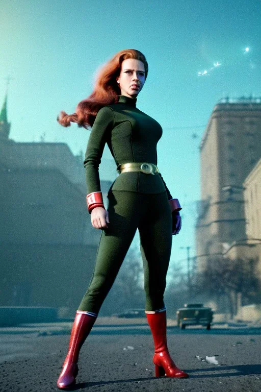 retro portrait image from 1960, Moscow background, wind, long red hair, fighting stance, sweet young Scarlett Johansson, classic tight lycra black suit, weapon, gold bracelet and belt, high heel boots, soft color, highly detailed, unreal engine 5, ray tracing, RTX, lumen lighting, ultra detail, volumetric lighting, 3d, finely drawn, high definition, high resolution.