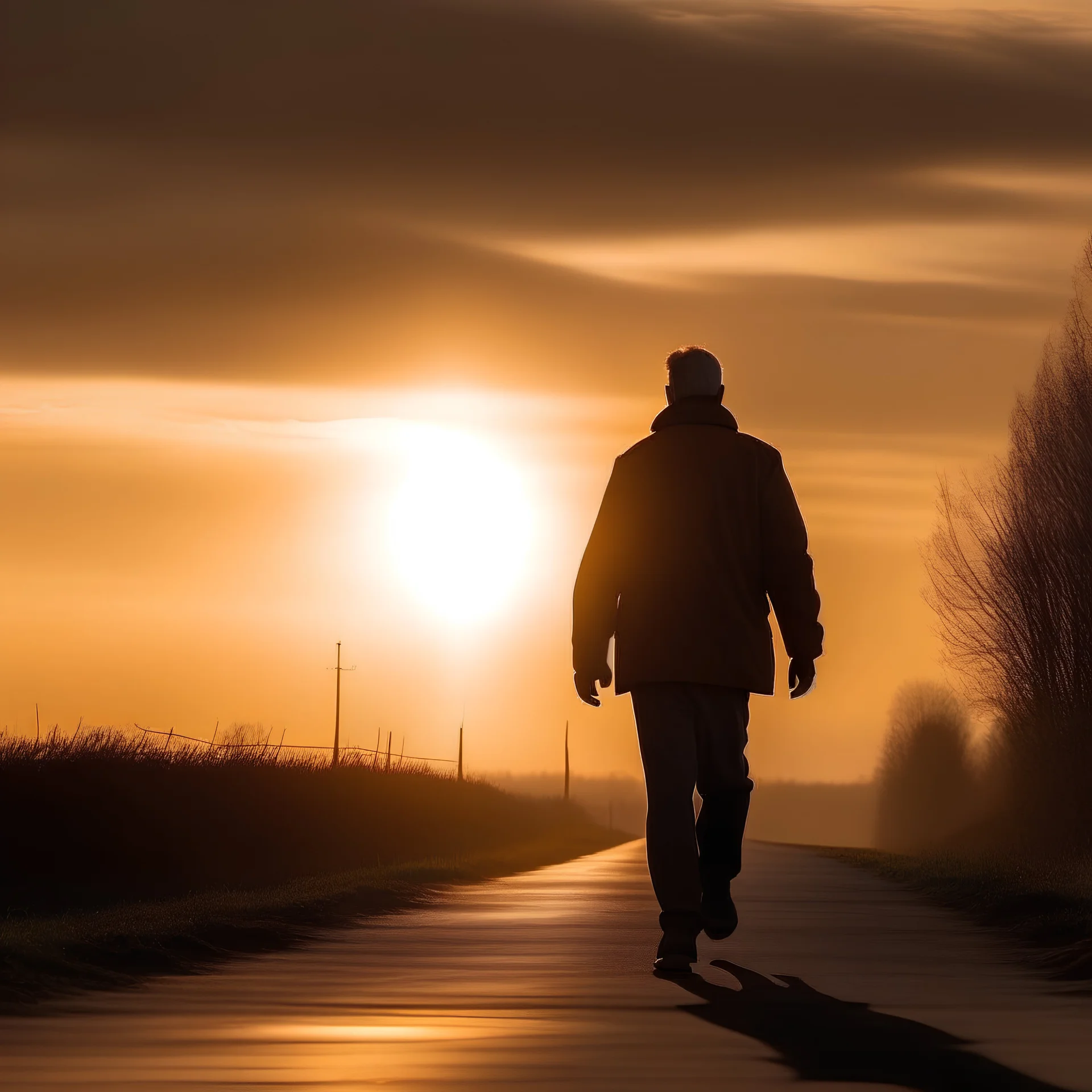 man walking towards sunset as he dies of COPD, coughing and hacking fighting to breath.