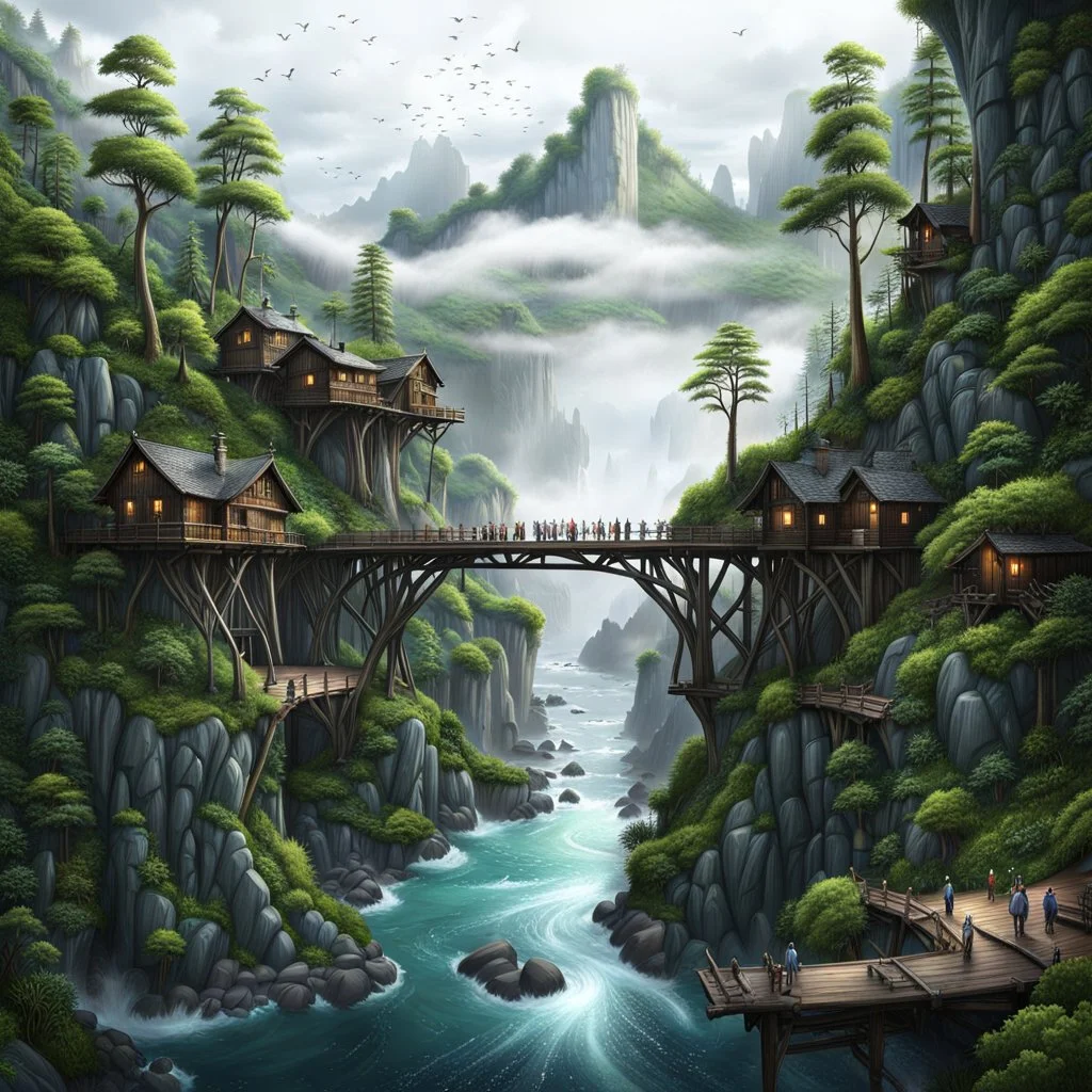 rany day, close ap a visible from the side one massive wooden bridge connects the over two gorge, between two tall rocky shores, sprawling, tall thick alien trees on both shores, log wooden houses in the distance in the background, rainy landscape, lush vegetation , massive trees,, high detailed, fantasy, high photorealistic, cinematic