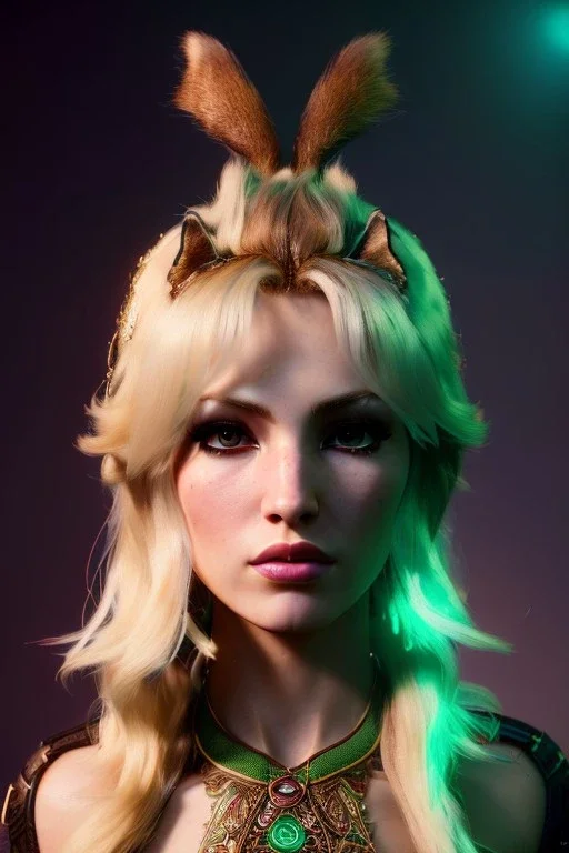 Druid character, young woman, cougar ears, cougar tail on lower back, blonde hair, long hair, green eyes, scars on body, waist up portrait, 4k resolution, intricate details, ornate details, soft lighting, vibrant colors, retroanime, masterpiece, intricate eyeliner, dark eyeshadow, eyes, intricate tattoos, natural background