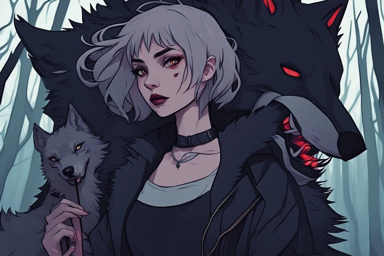 vampire girl showing fangs with short cropped cyberpunk hair wandering with her wolf in tangled forest in the moonlight