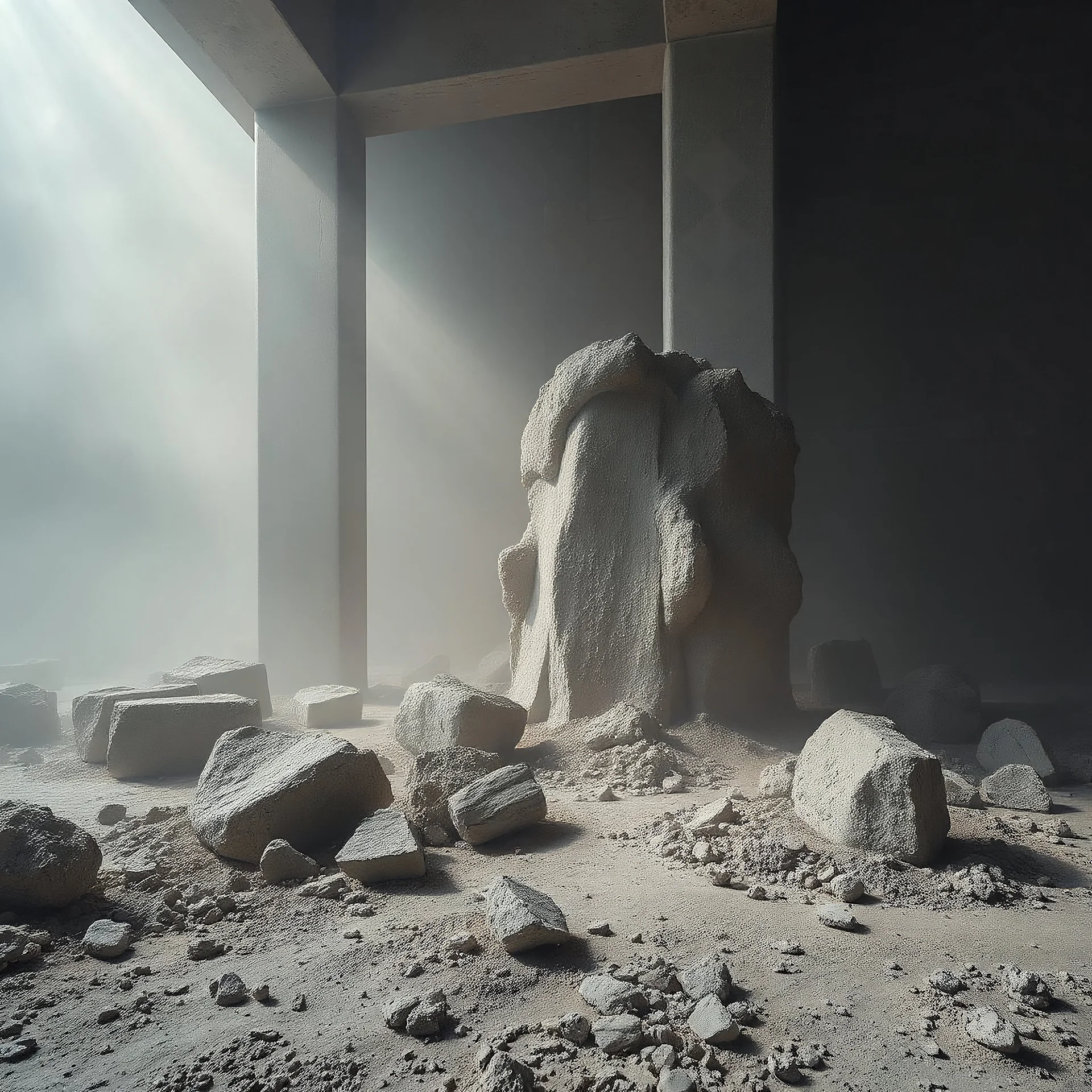 Photograph, mortar, rags, artisticamente posizionato, remains of concrete structure, brutalist style, paranoid light, concretions, felt, fog, powder, Yves Tanguy style, nightmare, highly minimaximalist, details of the dust very accentuated, 8k, deep 3d field