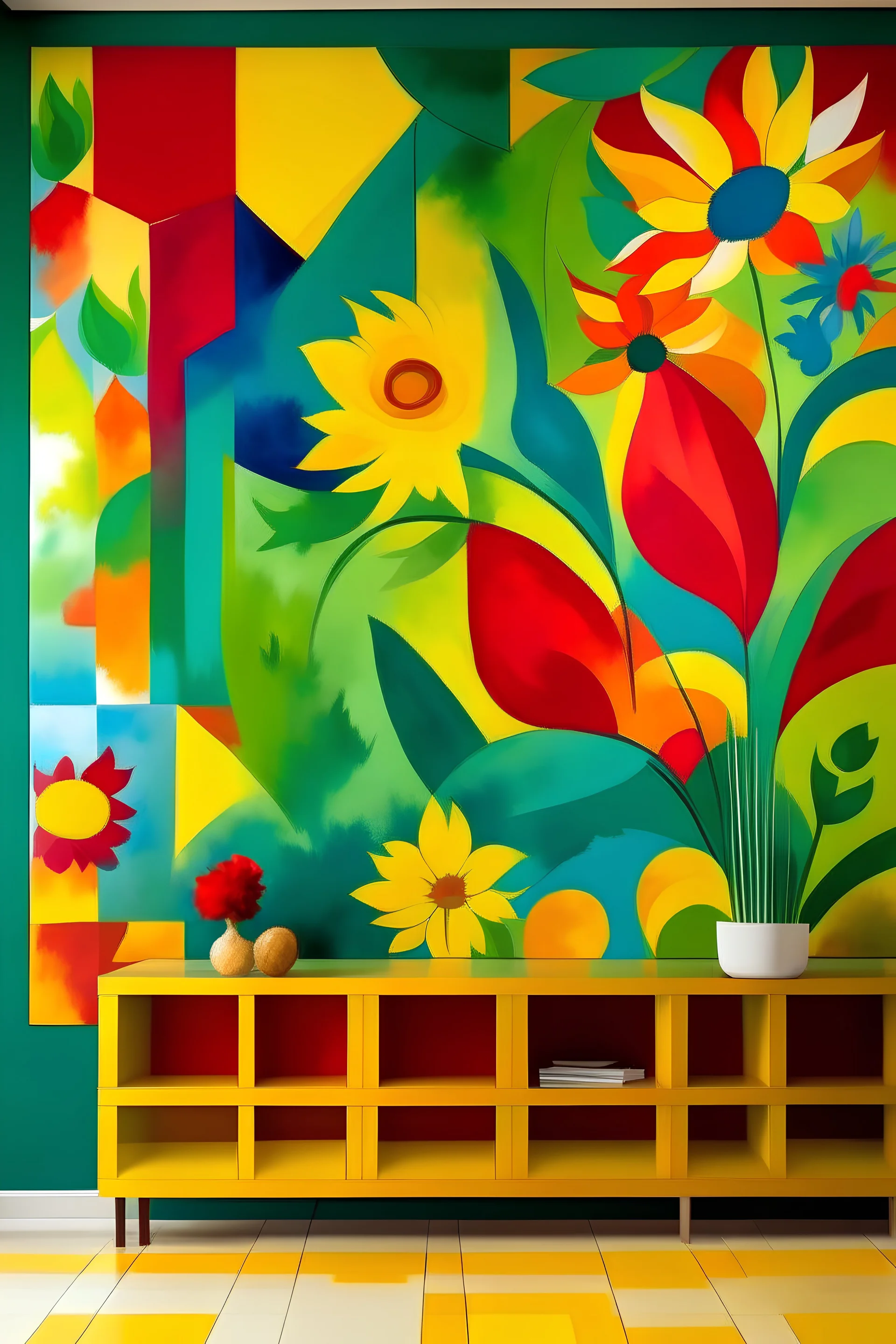 Create a handpainted wall mural by arranging squares to form abstract flowers and plants. Use a palette of vibrant and natural colors to bring life to the mural. Color Palette: Emerald green, sunflower yellow, ruby red, sky blue.