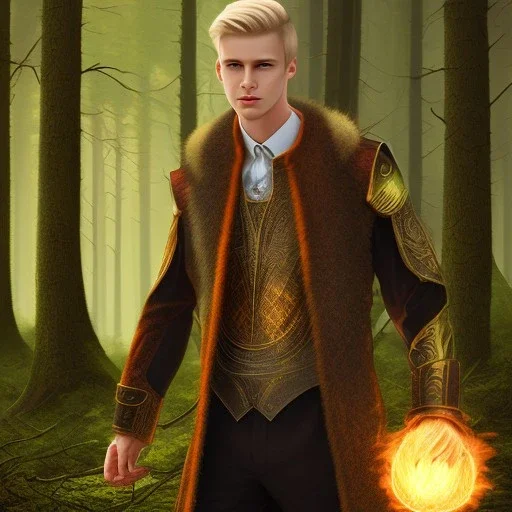 Male, Human, Blond, Sorcerer, Fire Mage, Golden Eyes, Young, Photorealism, Full Body Shot, Forest Background