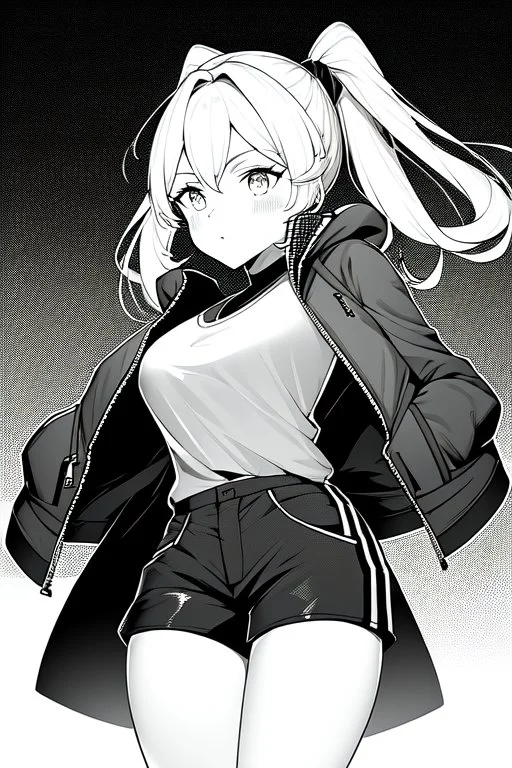 blonde girl with ponytails dressed in a jacket and shorts, dark corridor, greyscale