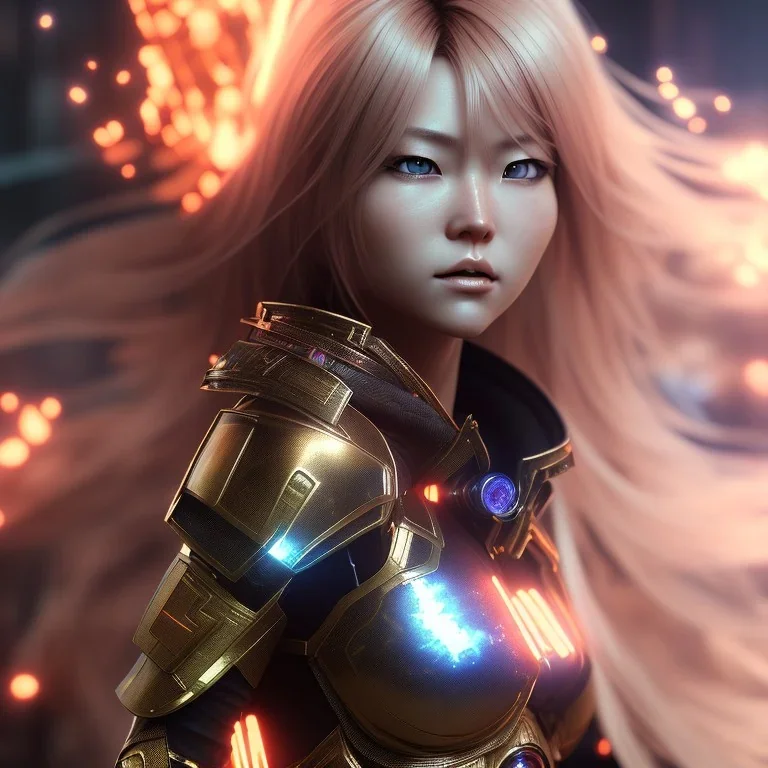 hitomi tanaka, flame hair, realistic, intriacte detail, sci-fi fantasy style, volumetric lighting, particales,highly detailed,cinamatic, deep colours,8k