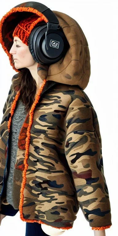 Brunette woman. average body type, think thighs and thick calves. Mantle is sewed of recycled Denim and sewed together of camouflage pieces. Printed camouflage figures are orange,terracotta, cream and purple. It is with big bright purple felt tippet and cream-colored-hood. mantle is merged with satchel. . AKG-style headphones (gold rings!) is merged with small felt cap with small visor. Style: Haute Couture in 1936, Paris fashion in 2023, inspired by street art. Cream latex gaiter.